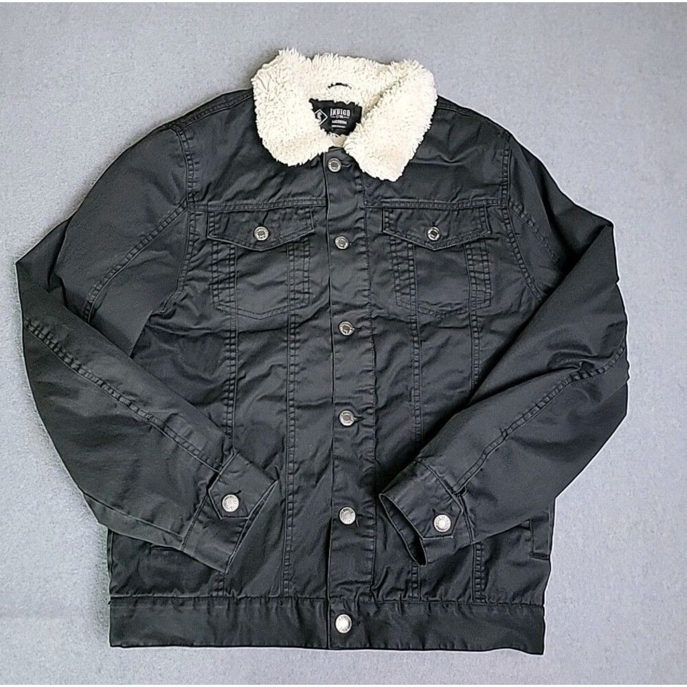 Indigo Star Jacket Mens‎ M Black Sherpa Lined Button Pockets Heavy Trucker Waxed